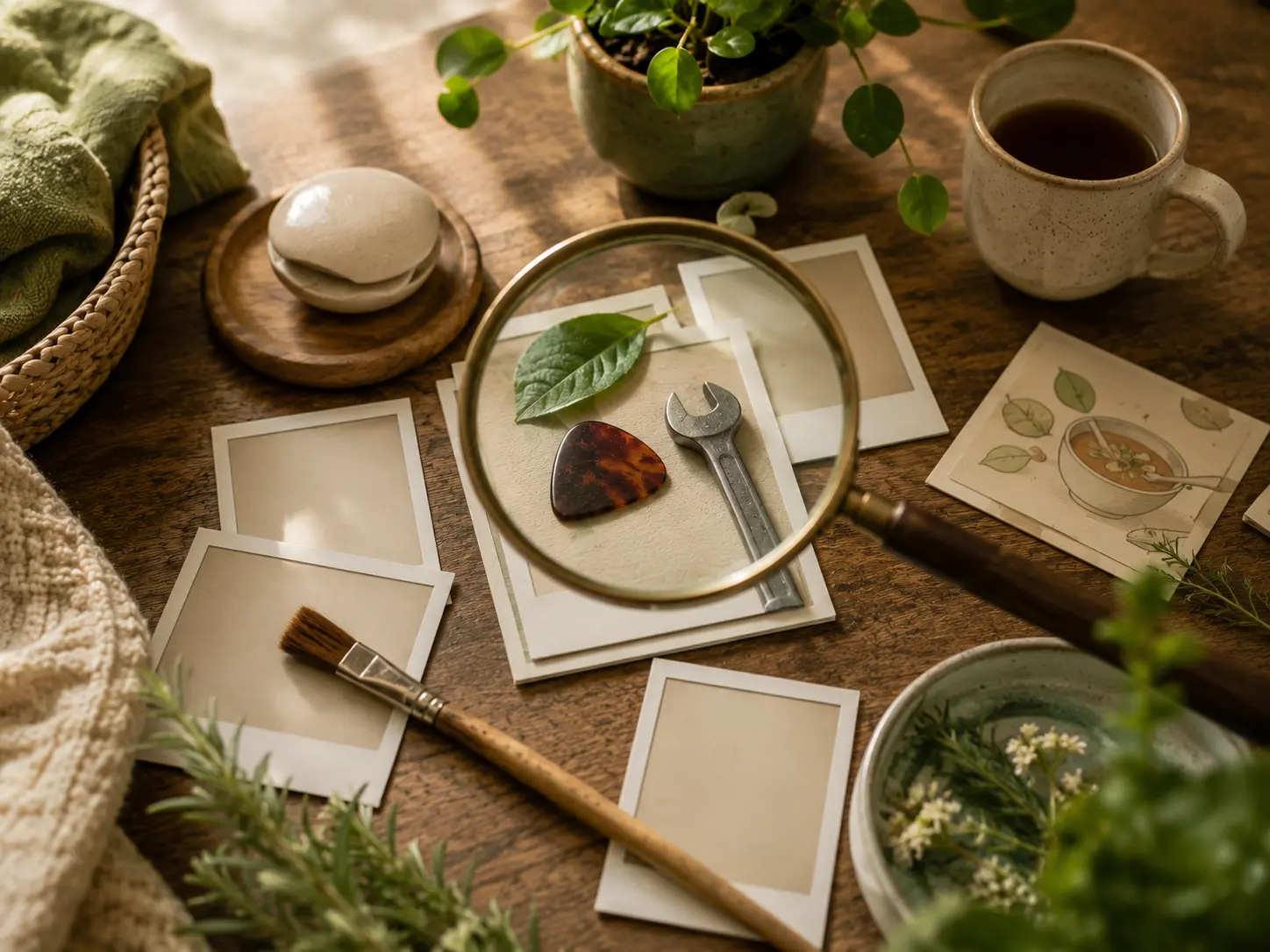 Polaroid-style cards showing different interests, with a magnifying glass highlighting some