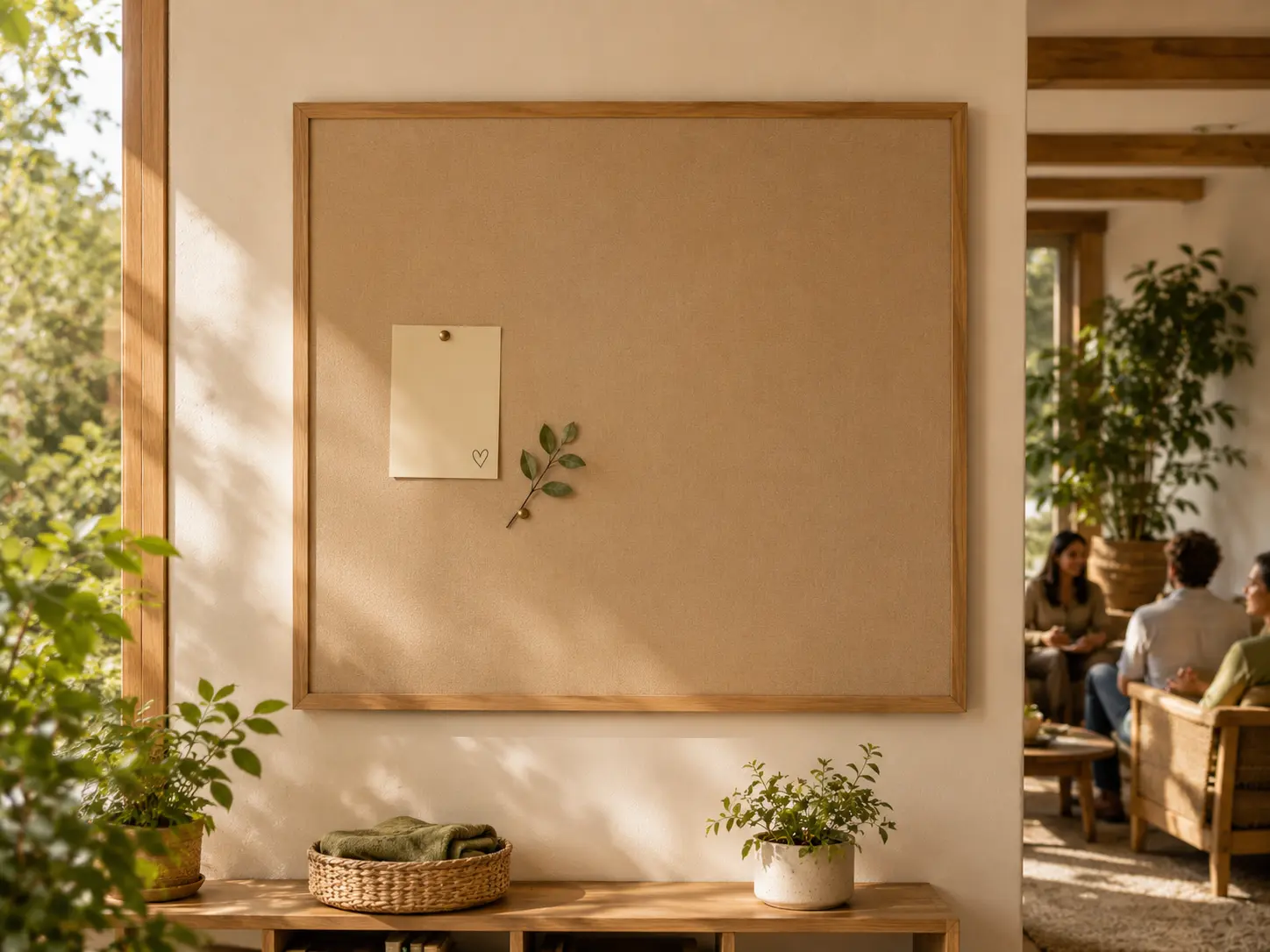 A clean, sunlit community bulletin board, almost entirely empty except for a small handwritten heart