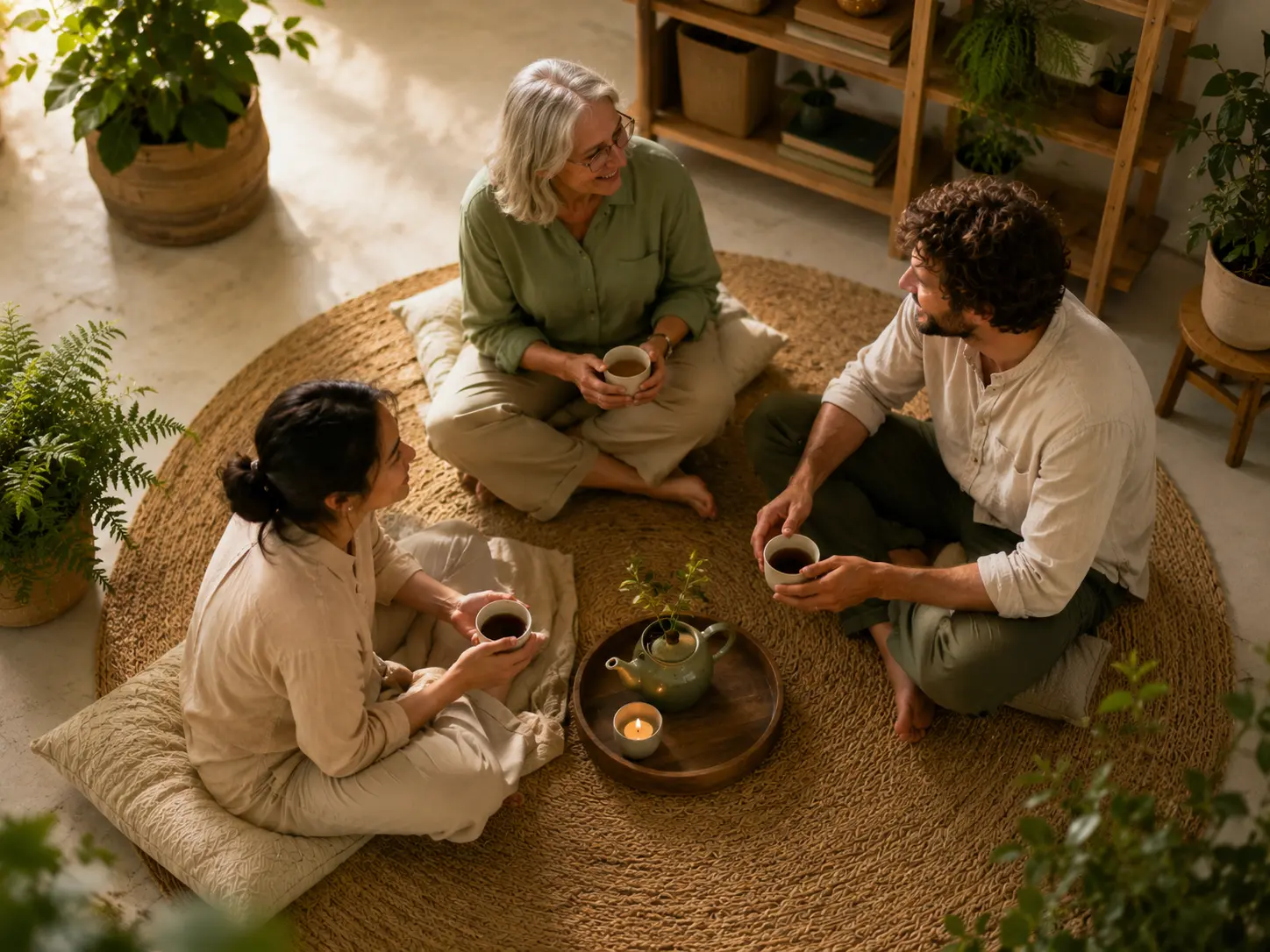 Three stylized figures gathered on a warm circular rug, engaged in conversation