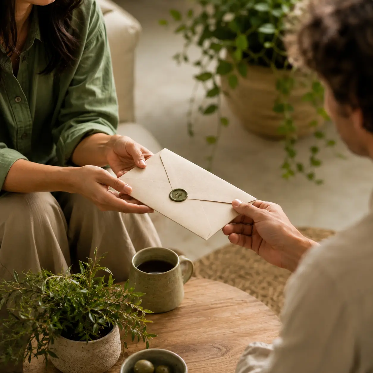 Hands passing a glowing envelope between them