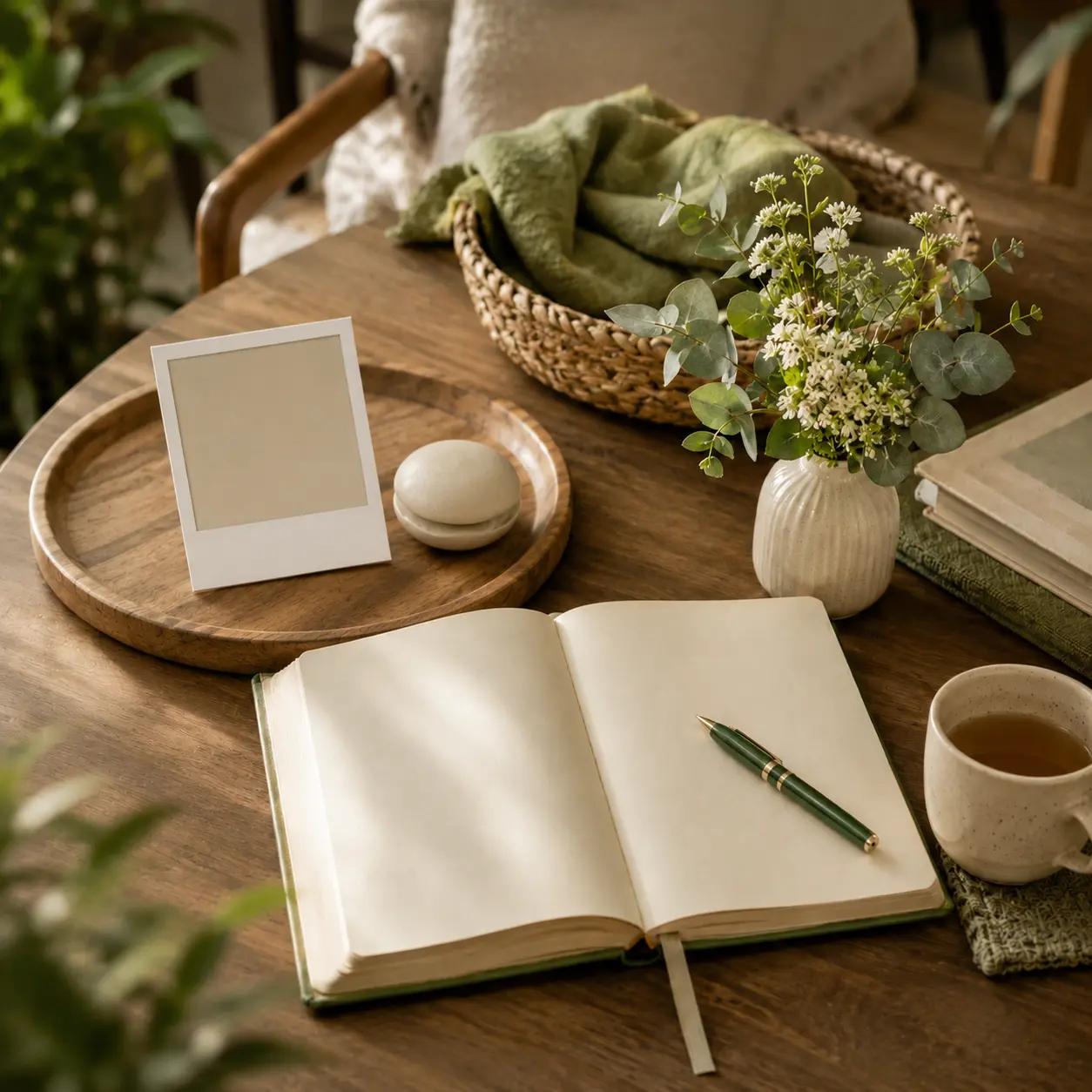 An open notebook with a photo, calendar marker, and small bouquet